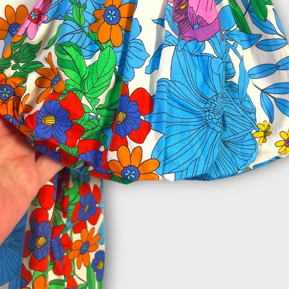 H&M Floral Print Womans Top Bright Flowers Garden Puff Sleeve 100% Cotton SZ 4 - Picture 7 of 12